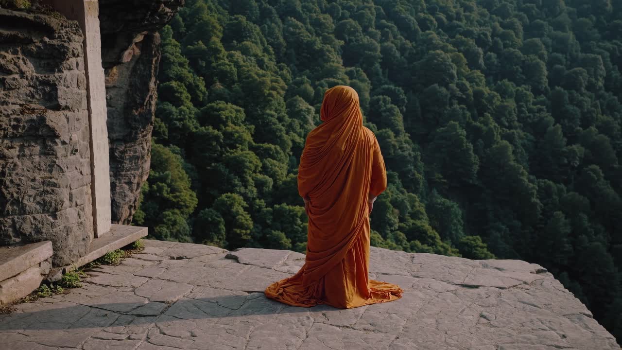 Monk in orange robe stands peacefully on cliff edge, overlooking lush green forest, capturing a moment of tranquility and reflection in nature's embrace