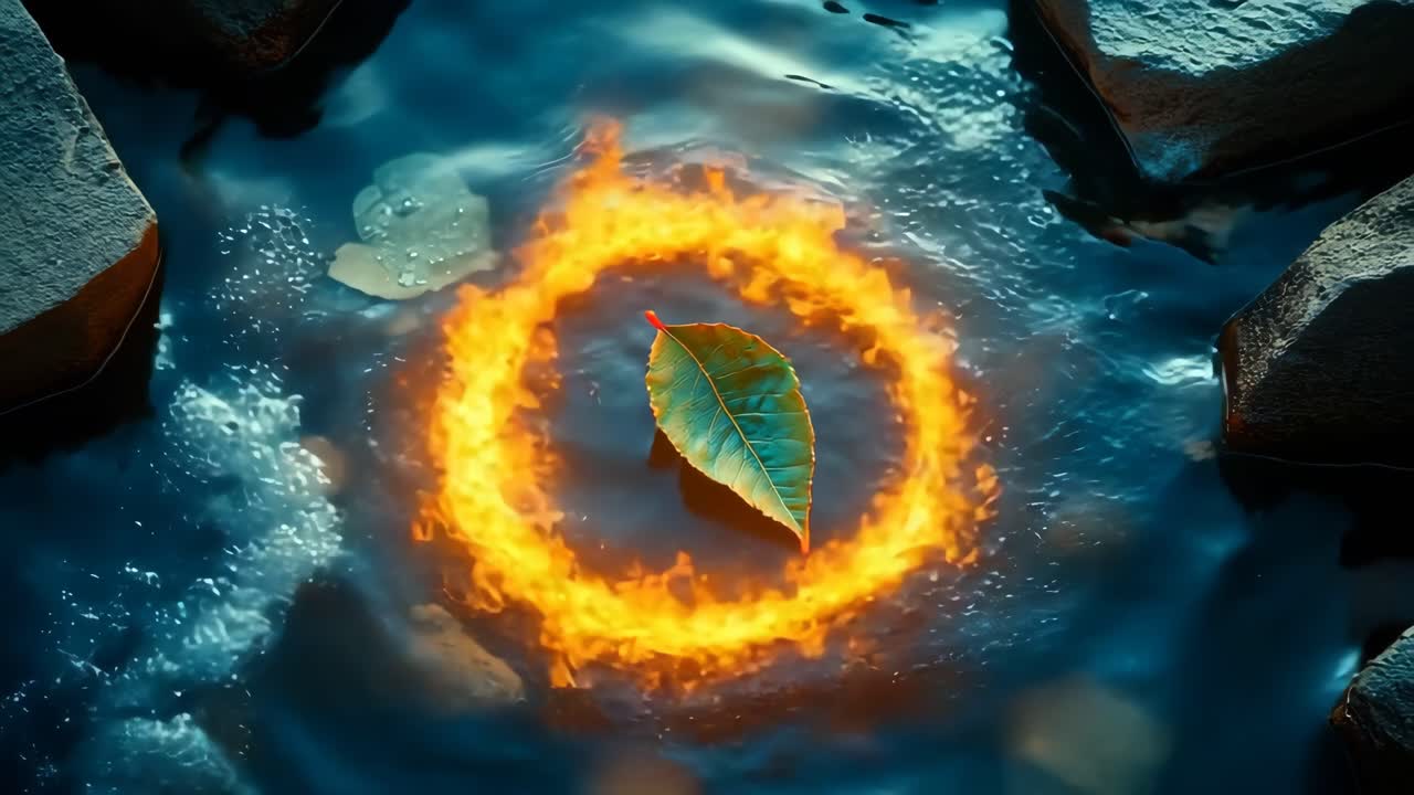 Leaf floating in fiery ring on water. A green leaf floats peacefully in a fiery orange ring on calm water surrounded by stones.