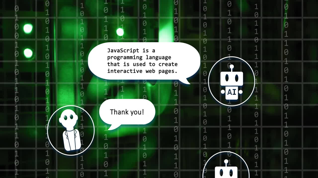 Binary code and AI robots with speech bubbles, programming language animation