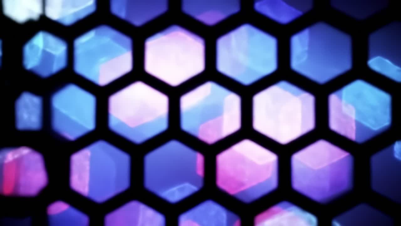 Abstract Visual Pattern of Light and Color Through a Honeycomb Structure, Showcasing Vibrant Blues and Purples with a Modern Artistic Touch