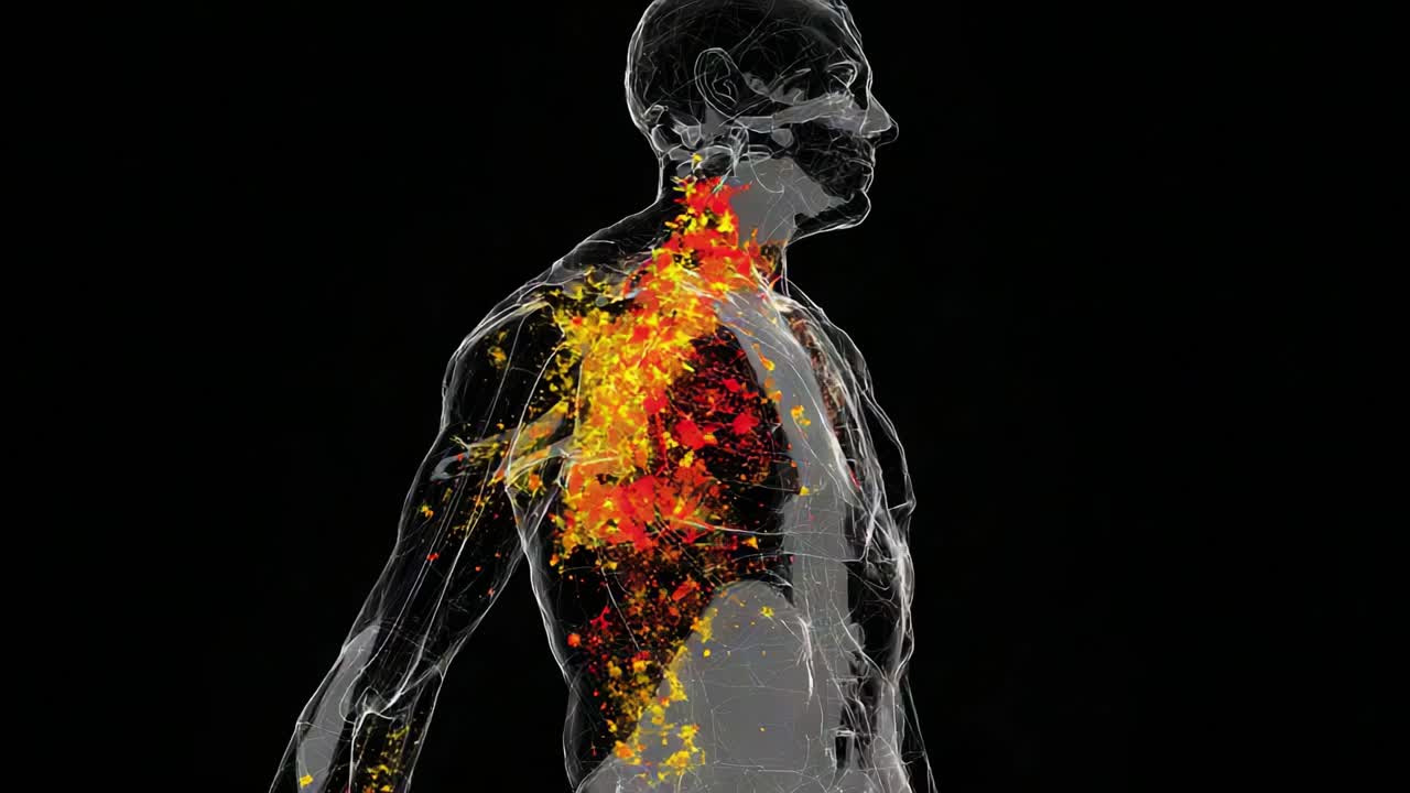 A Detailed Visualization of Human Body Dynamics: Exploring Internal Processes and Biological Interactions Through Colorful Patterns and Intricate Movements in a Semi-Transparent Figure