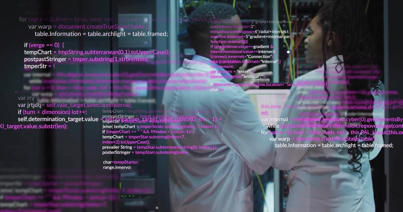 IT specialists gesturing at patch panel and adjusting cables while code overlay intensifies