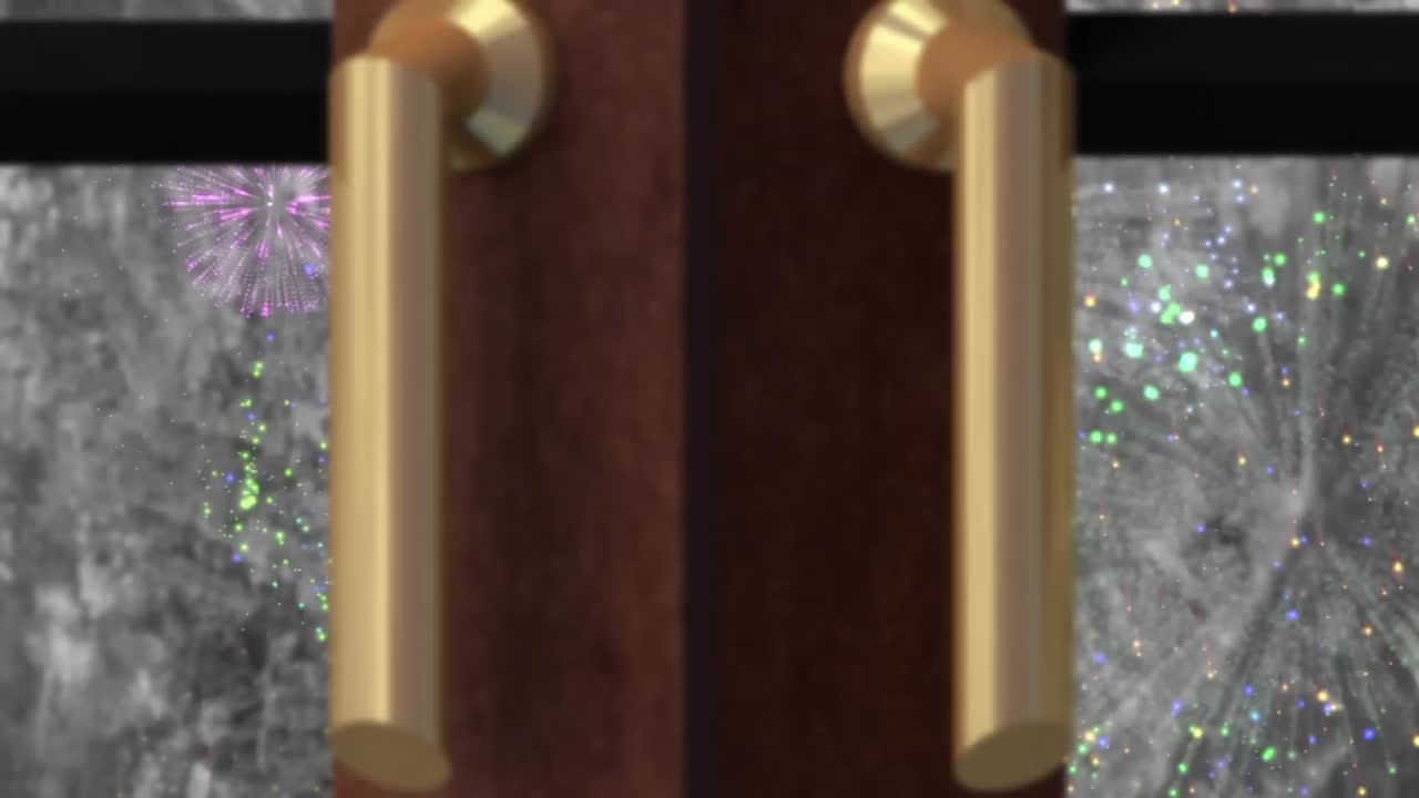 크리스마스 트리와 나무 창문 프레임은 검은 바탕에 불꽃놀이를  ⁇ 고 있습니다.