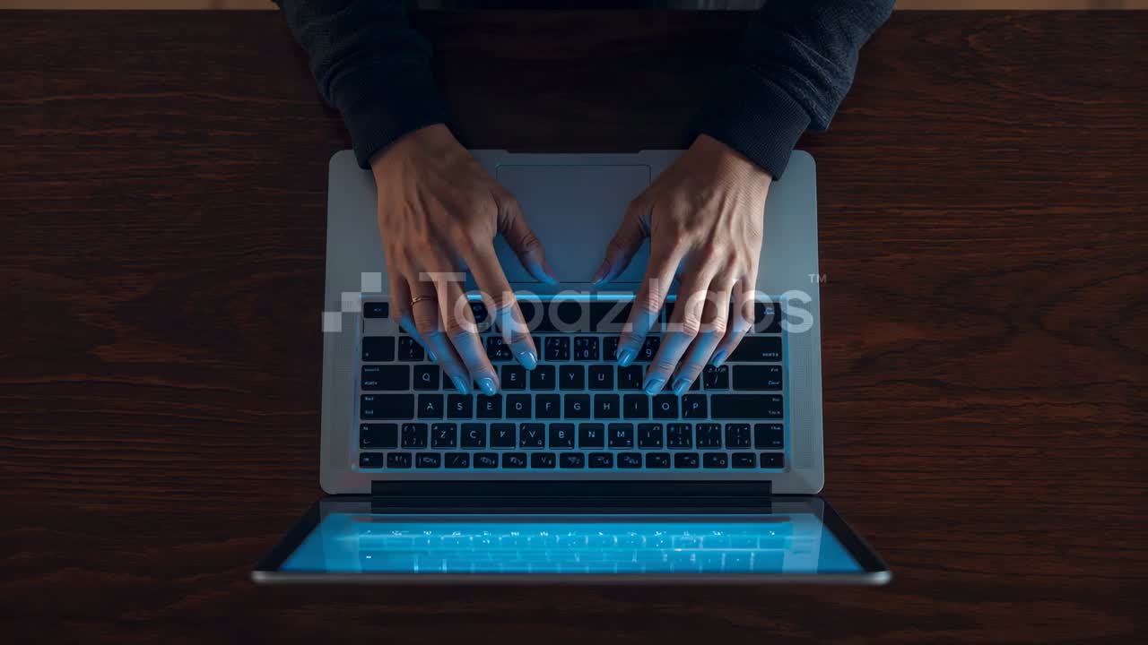 Typing hoodie-clad hands on laptop keys at dark table, cyan-blue screen glowing TopazLabs watermark
