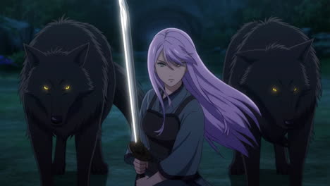 anime warrior with purple hair and wolves in a dark forest
