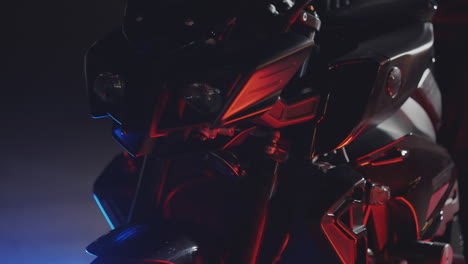 close-up of a motorcycle in the dark