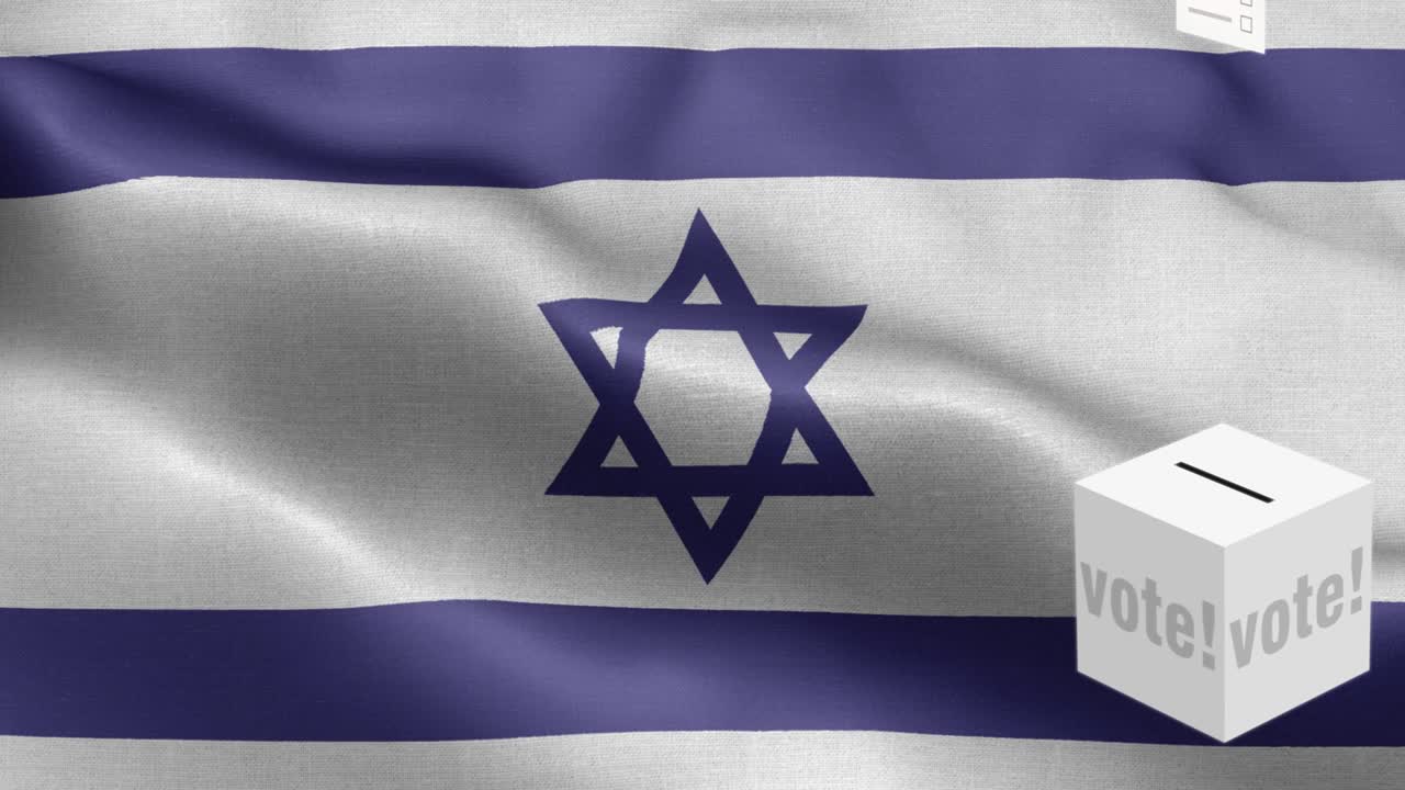 Schede elettorali che volano verso l'urna per le elezioni in Israele - Urna elettorale davanti alla bandiera - Elezioni - Voto - Bandiera di Israele - Bandiera di Israele ad alto dettaglio - Elementi a onda della bandiera nazionale di Israele con pattern ripetibile in loop - Texture del tessuto e loop infinito