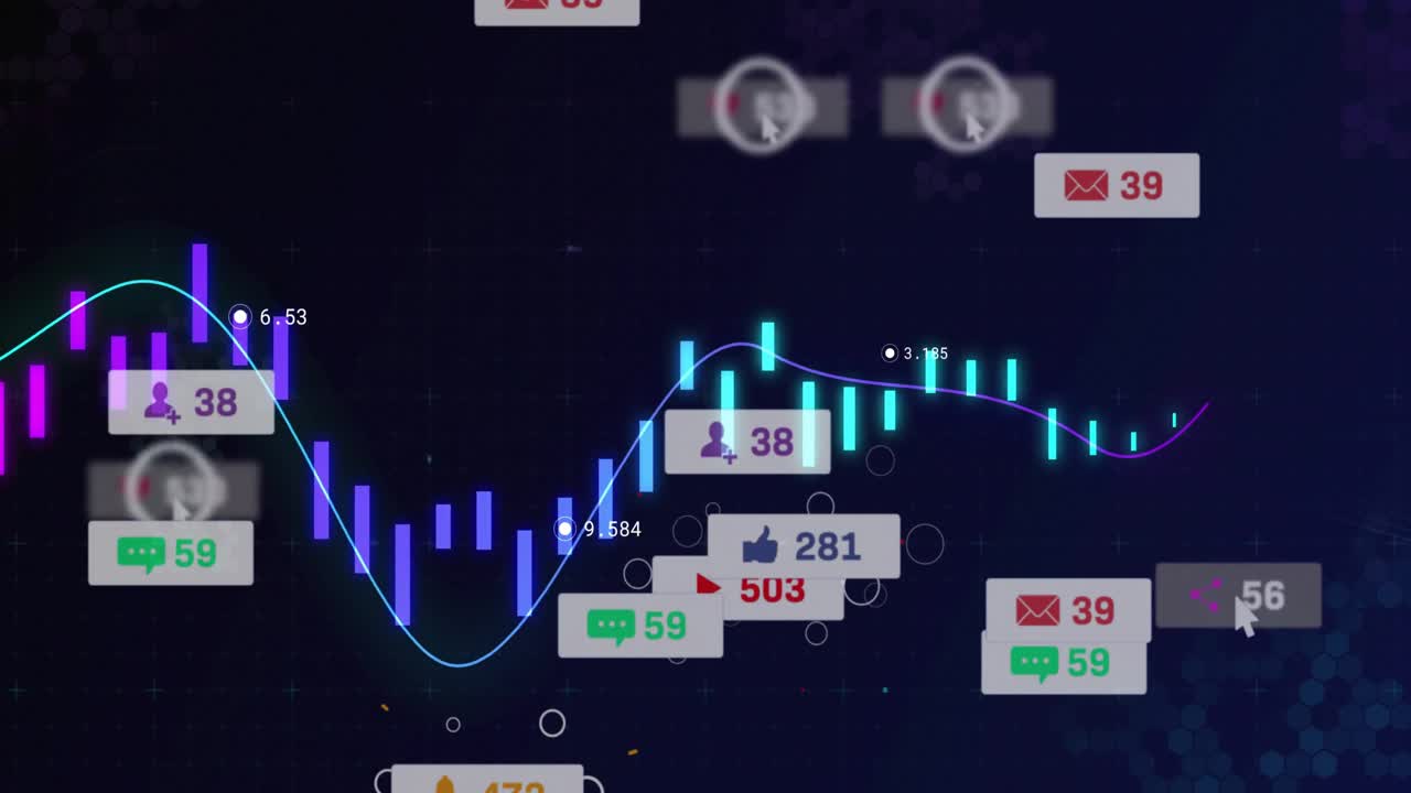 Bars shifting purple-cyan and rising as cursor hovering top-left, tiles floating, showing stats