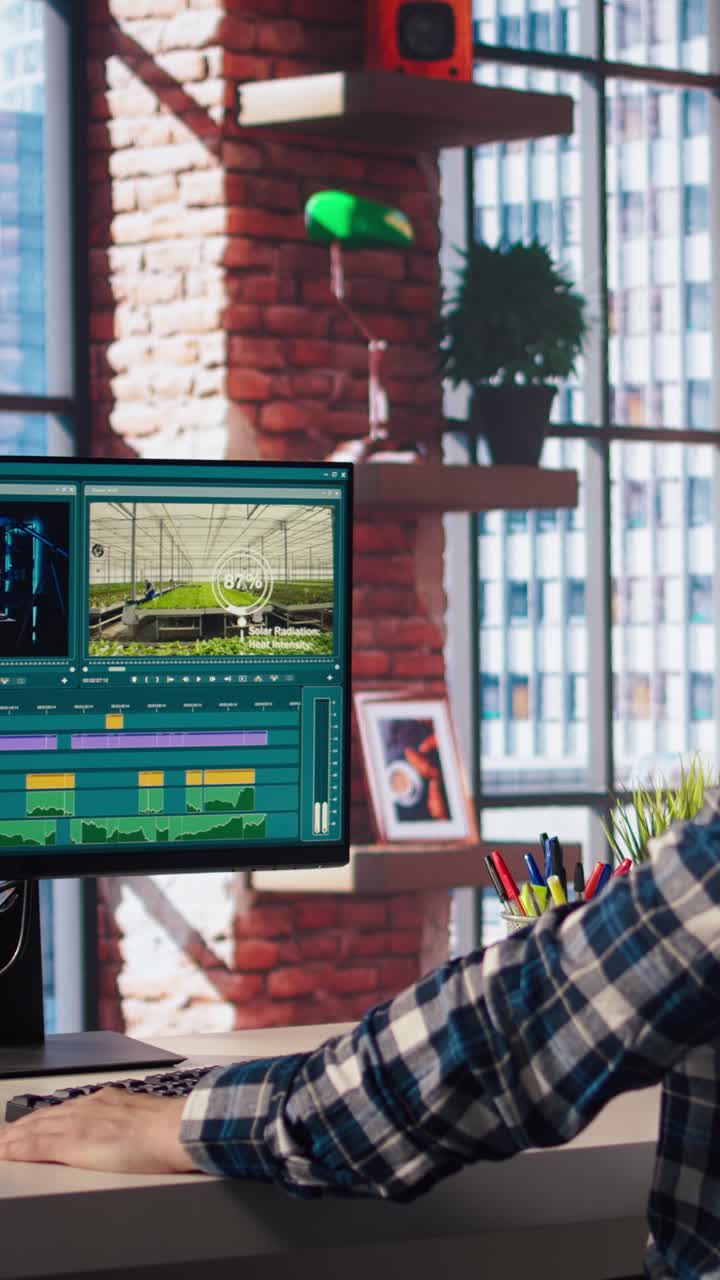 Vertical video Video editor analyzing film montage on computer