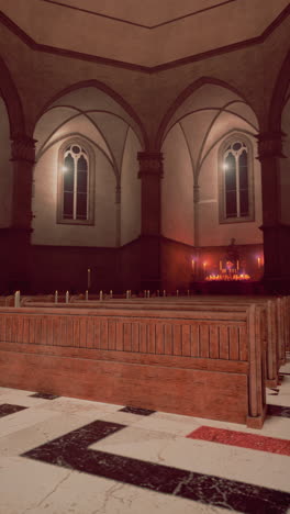 a dark church interior with candles lit on the altar