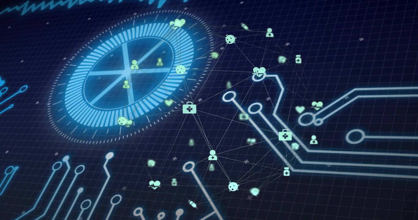 Dark grid initiating gauge spinning, users glowing, lines extending, pulses forming medical network