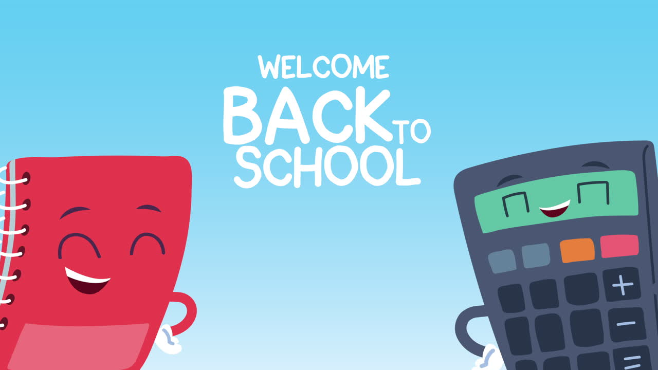 만화 노트북과 계산기로 학교에 돌아가는 일러스트레이션