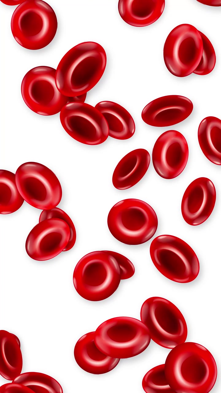 Microscopic red blood cells fall vertically through white space in a clean medical animation.