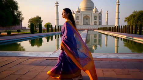 woman in saree walking by taj mahal