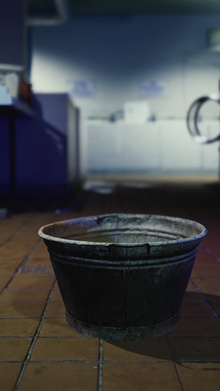 Empty bucket sits in an abandoned laundromat during late night hours