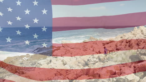 animation of american flag moving over man hiking