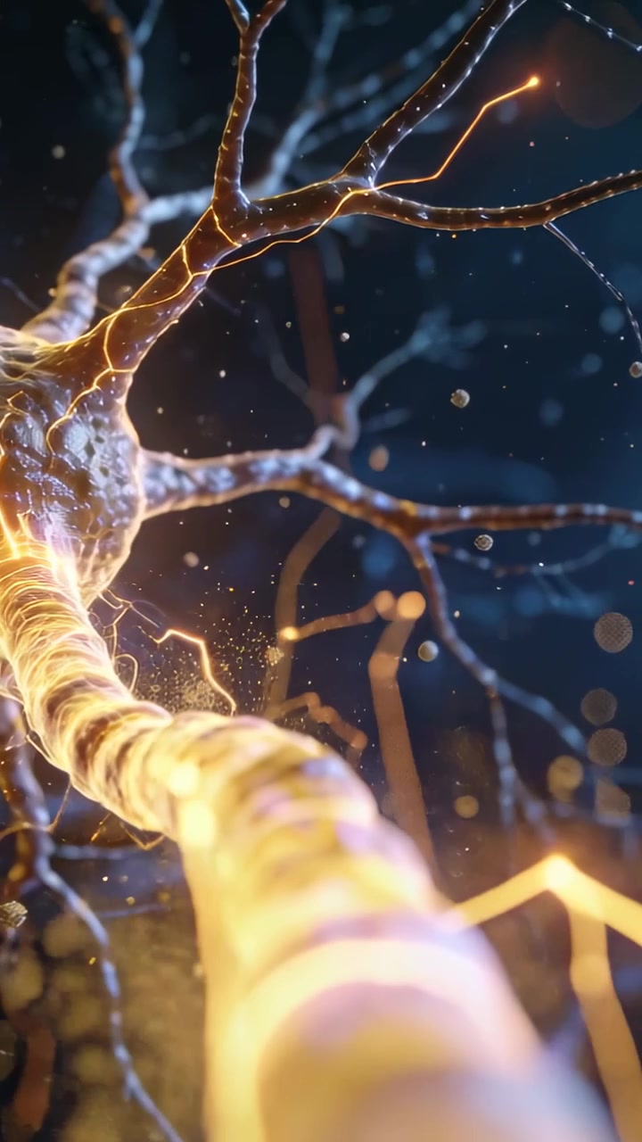 Vertical video: Lighting rising driving neuron sending gold filaments along axon toward soma in lab