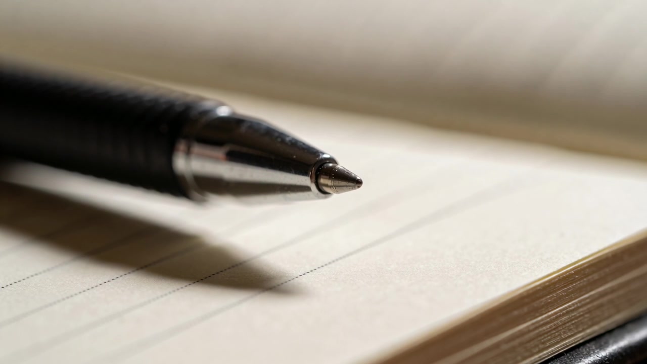 Kamera justerer fokus, bringer en sort pen med metalspids i skarpt fokus på en notesbog på skrivebordet.