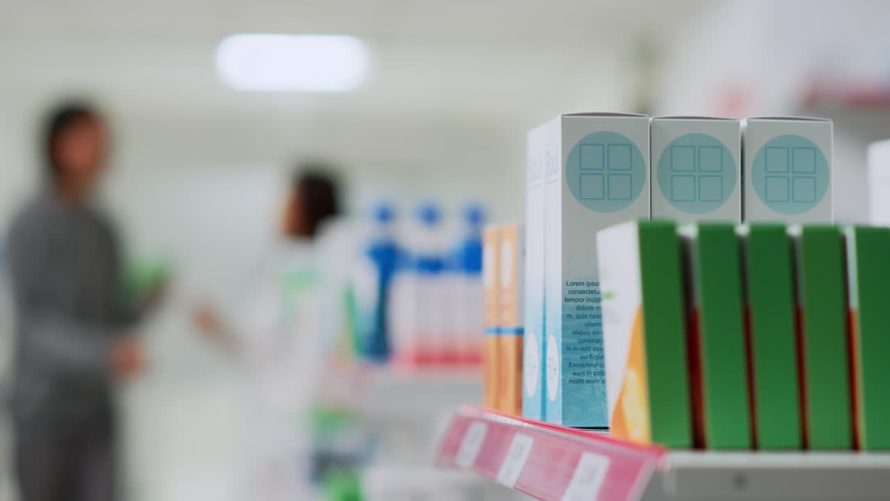 Pharmacy shelves with various medicines and products