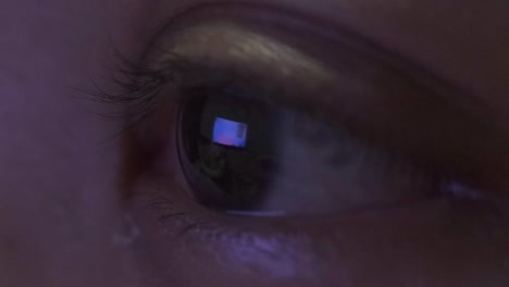 close up of female eye blinking, television screen reflected in eye