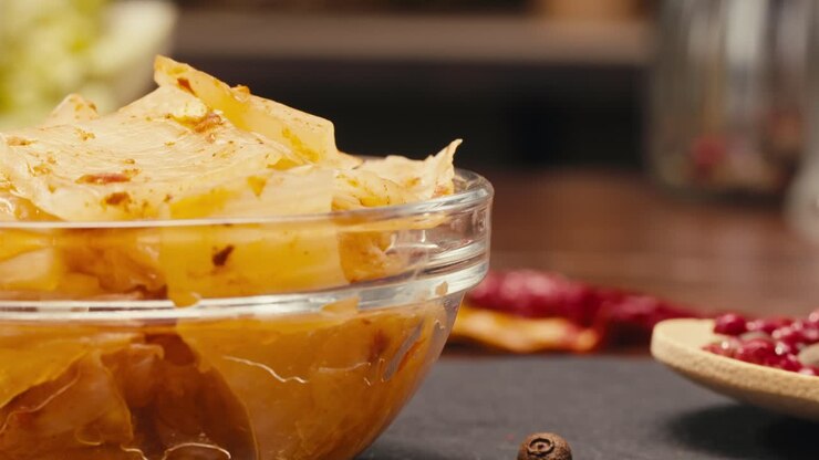 Fermented spicy cabbage kimchi with on plate close-up. Preservation of vegetables in glass jars. Fermentation preserved kimchi cabbage with spices macro. Asian cuisine.