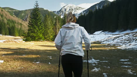 back view of hiker with hiking poles walking in the track. - follow shot