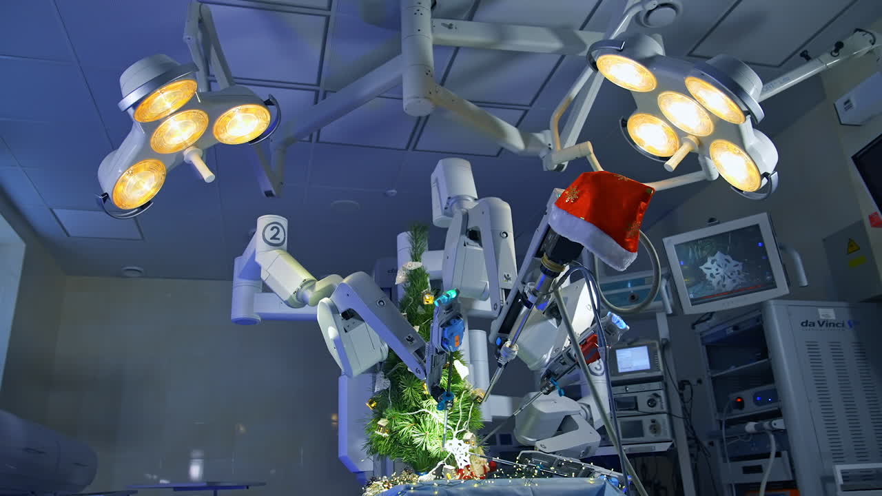 Surgical room with innovative equipment for neurosurgical operations. Robotic arms decorate new year tree with snowflake on the operating table.