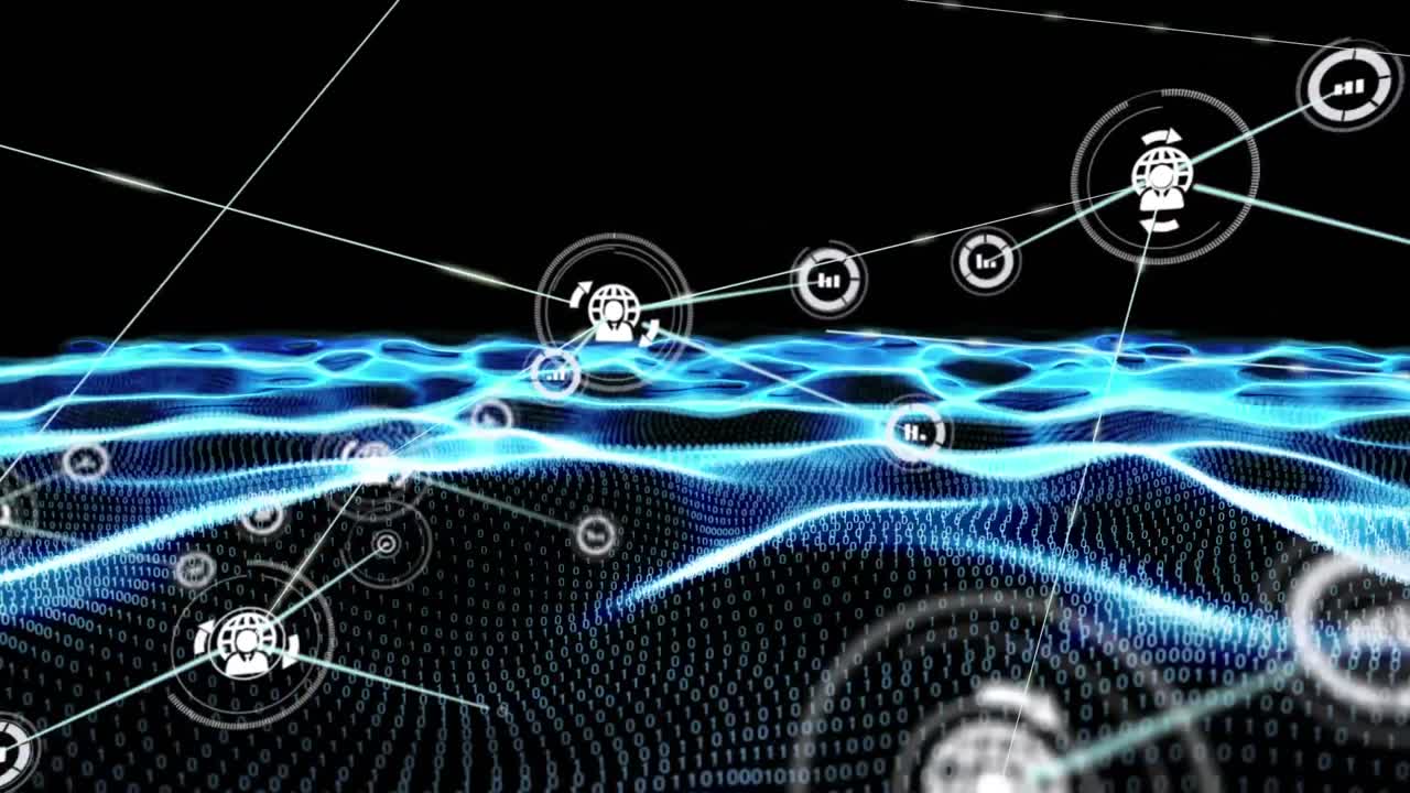 바이너리 코딩을 통해 디지털 아이콘으로 연결 네트워크의 애니메이션