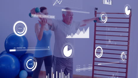 elderly man exercising with trainer, fitness data animation over workout session