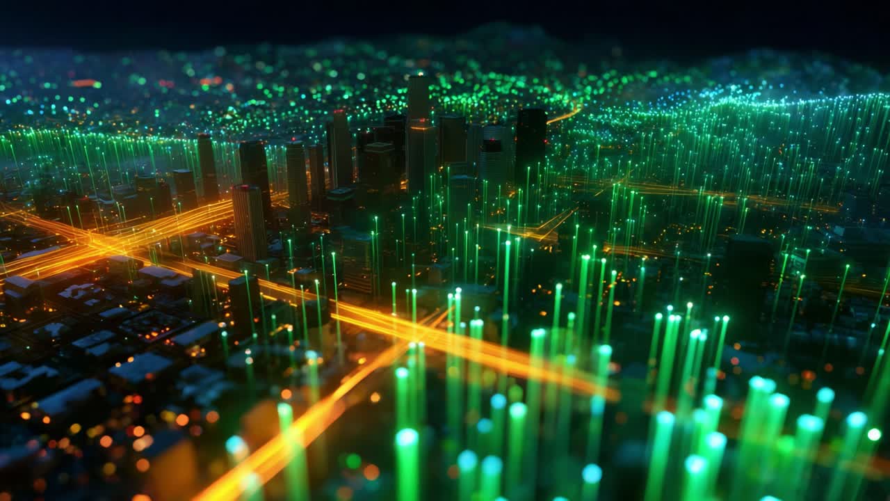 A Stunning Aerial View of a Futuristic Cityscape Illuminated by Vibrant Green and Orange Lights, Featuring a Complex Network of Urban Infrastructure and Dynamic Energy Flow Representations