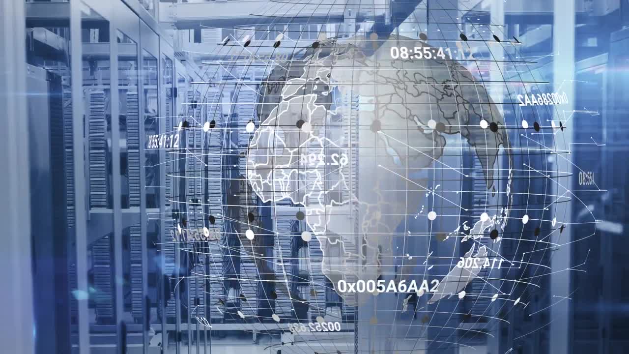 Animation of changing numbers over spinning globe and data processing against computer server room