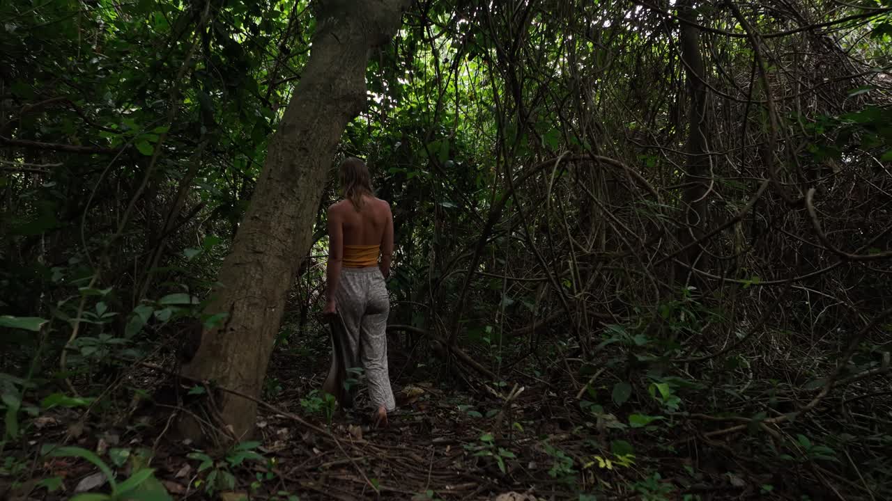 열대 비 정글 숲을 걷는 여행자 여자