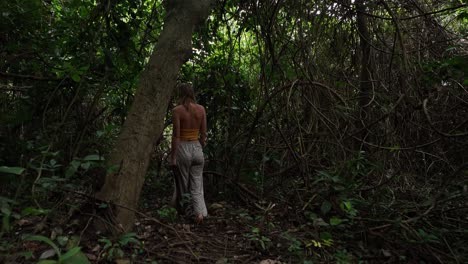 mujer viajera caminando por la selva tropical tropical