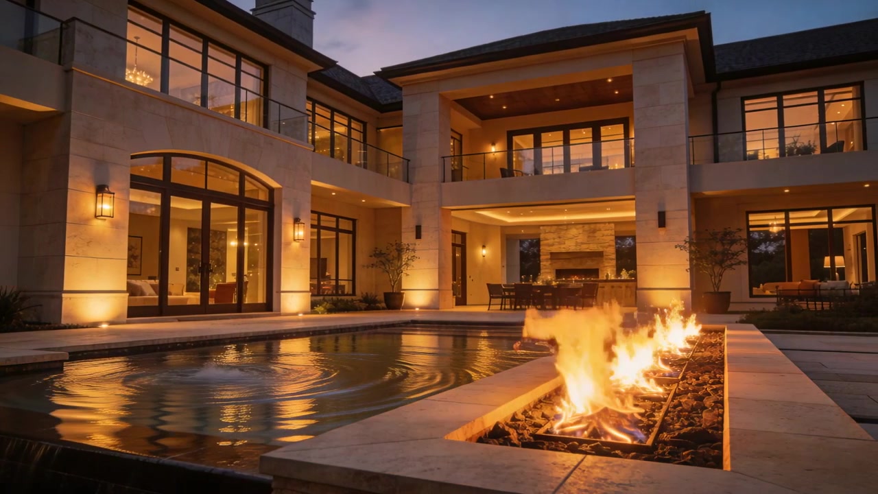 Rippling rectangular pool water starting from left at dusk, flickering fire pit and lit facade