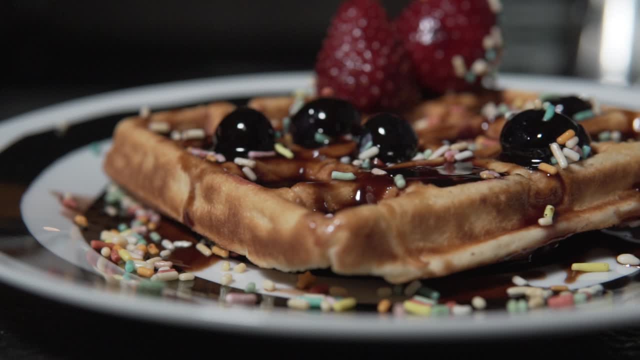 Healthy and fitness waffle decorated with red berries, chocolate syrup and colored confetti. healthy cooking and fitness
