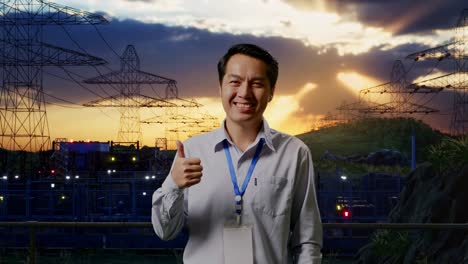 shot captures of an asian male professional worker standing near high voltage tower, industrial facility, his broad smile at the camera and thumbs up