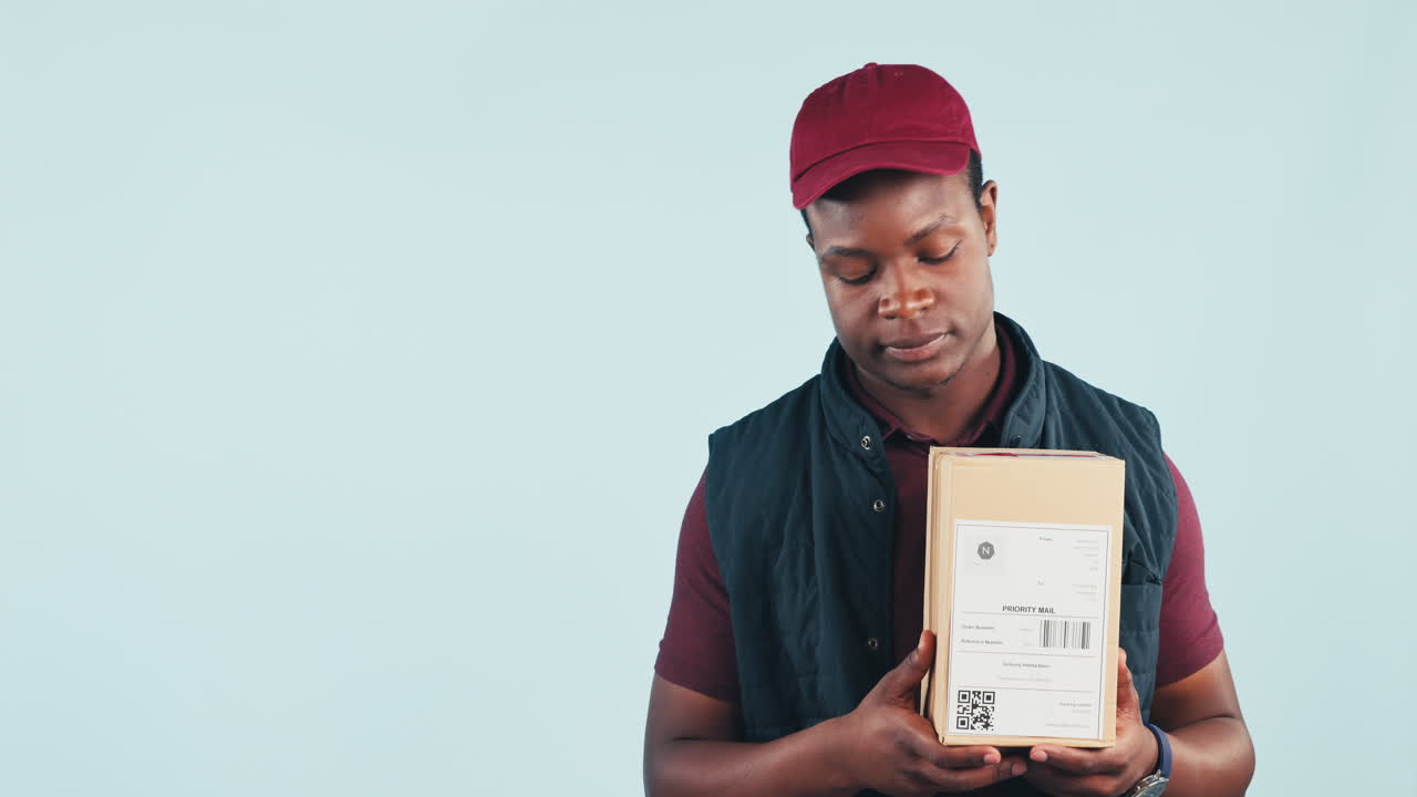 Delivery man, boxes and point in studio