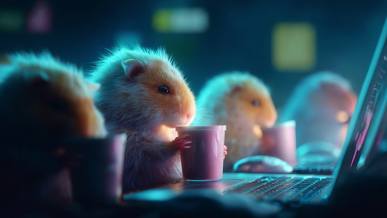 A Group of Hamsters Enjoying Refreshments While Watching a Screen, Captured in Stunning Detail, Showcasing Their Curiosity and Interaction with Technology