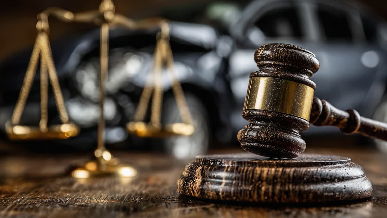 Esplorando l'intersezione tra legge e giustizia: Un martelletto rappresenta l'autorità accanto alle bilance, catturando l'essenza dei procedimenti legali in un contesto di incidente stradale.