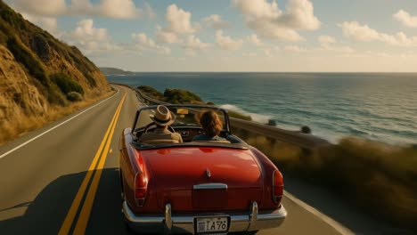 aerial view of a red convertible on a coastal road, capturing a vintage road trip vibe