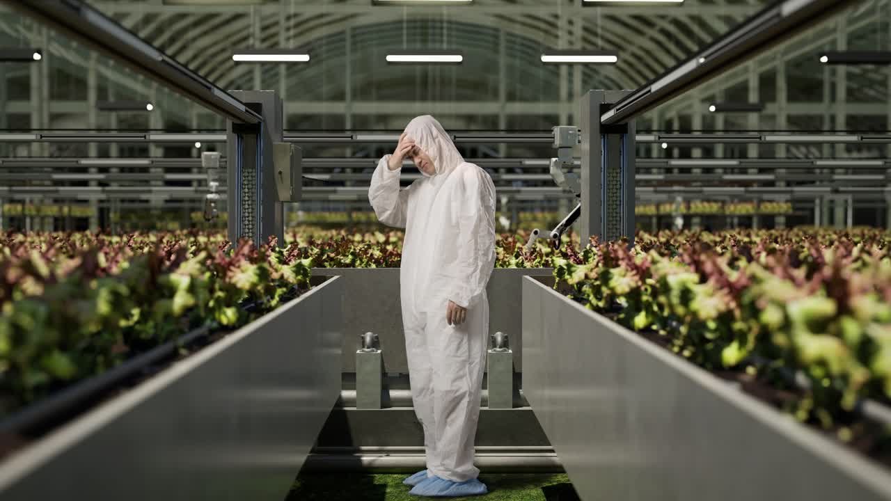 vista lateral completa del cuerpo de un hombre asiático investigador que tiene dolor de cabeza mientras está de pie en el invernadero con agricultores robóticos inteligentes