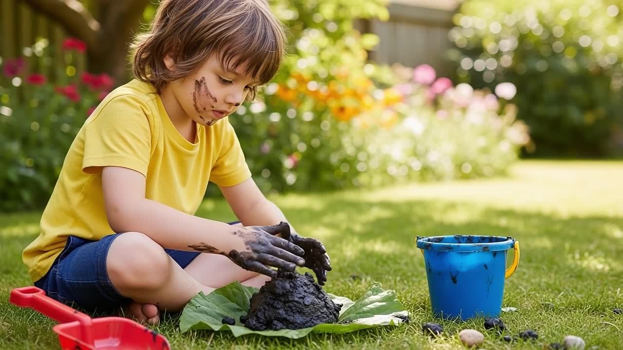 A Young Child Enjoys Creative Play in the Garden, Shaping Black Mud with Joyful Concentration Surrounding Beautiful Flowers and Natural Light