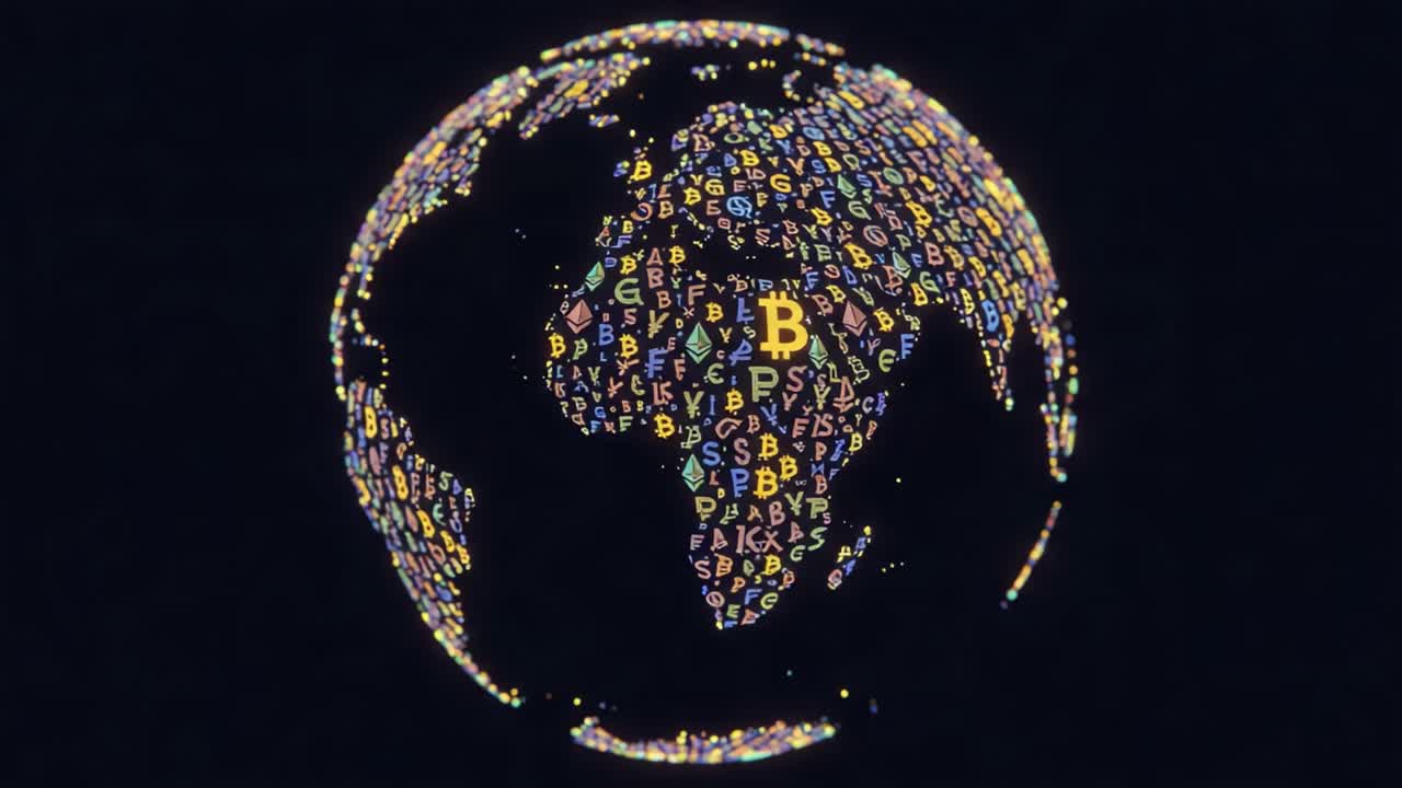 A Dynamic Visualization of the Global Influence of Cryptocurrency, Featuring Animated Letters Representing Digital Currency Across Continents