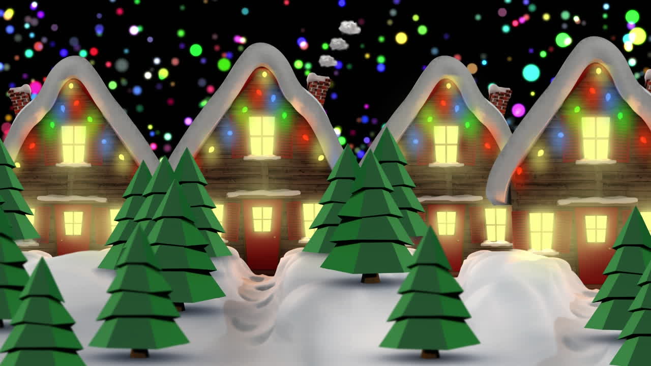 별이 떨어지는 다채로운 불빛이 요정의 불빛으로 집 위에 떨어지는 애니메이션