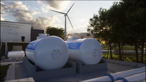 producción de energía renovable de hidrógeno - gas hidrógeno para electricidad limpia instalación de turbinas solares y eólicas. renderización 3d
