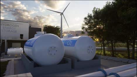 hydrogen renewable energy production - hydrogen gas for clean electricity solar and windturbine facility. 3d rendering