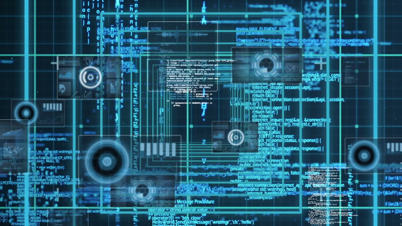 Animation of squares over diverse data processing on dark blue background