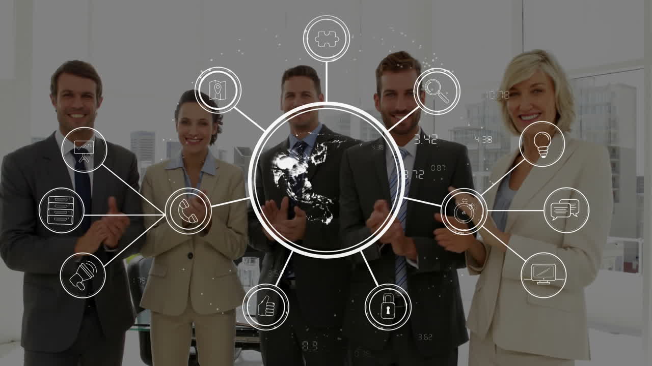 profesionales de negocios aplaudiendo con conexiones de red global animación sobre ellos