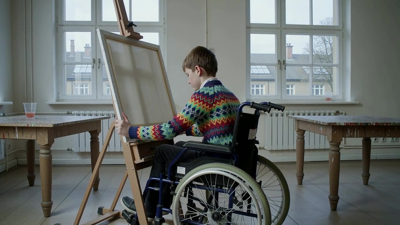 Entering studio, child in wheelchair aligning blank canvas on easel to paint wearing bright sweater