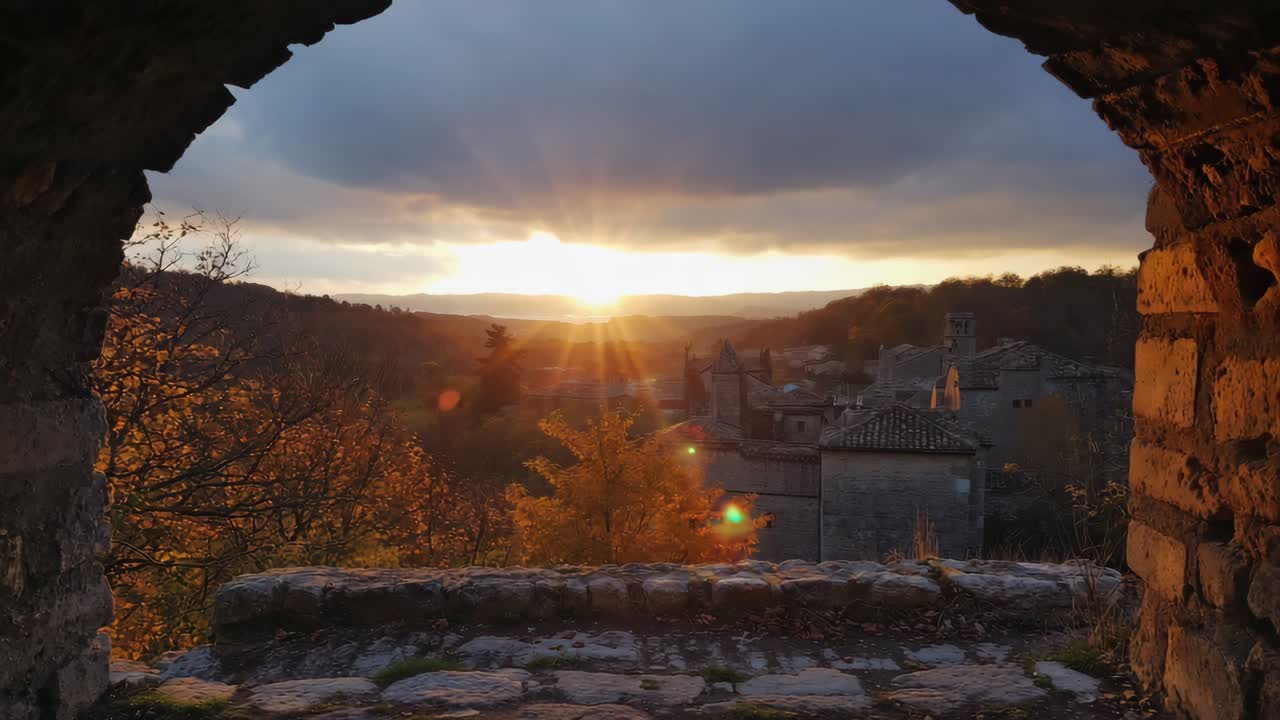 Sunset over a historic village viewed through a stone archway